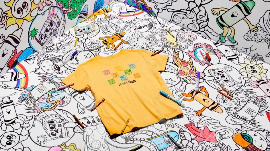 camiseta de algodon amarilla manga corta con marcadores crayola a su alrededor