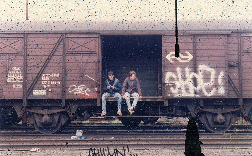 Chillin Shoe and Angel sitting in on a train wagon widewalls allcitycanvas
