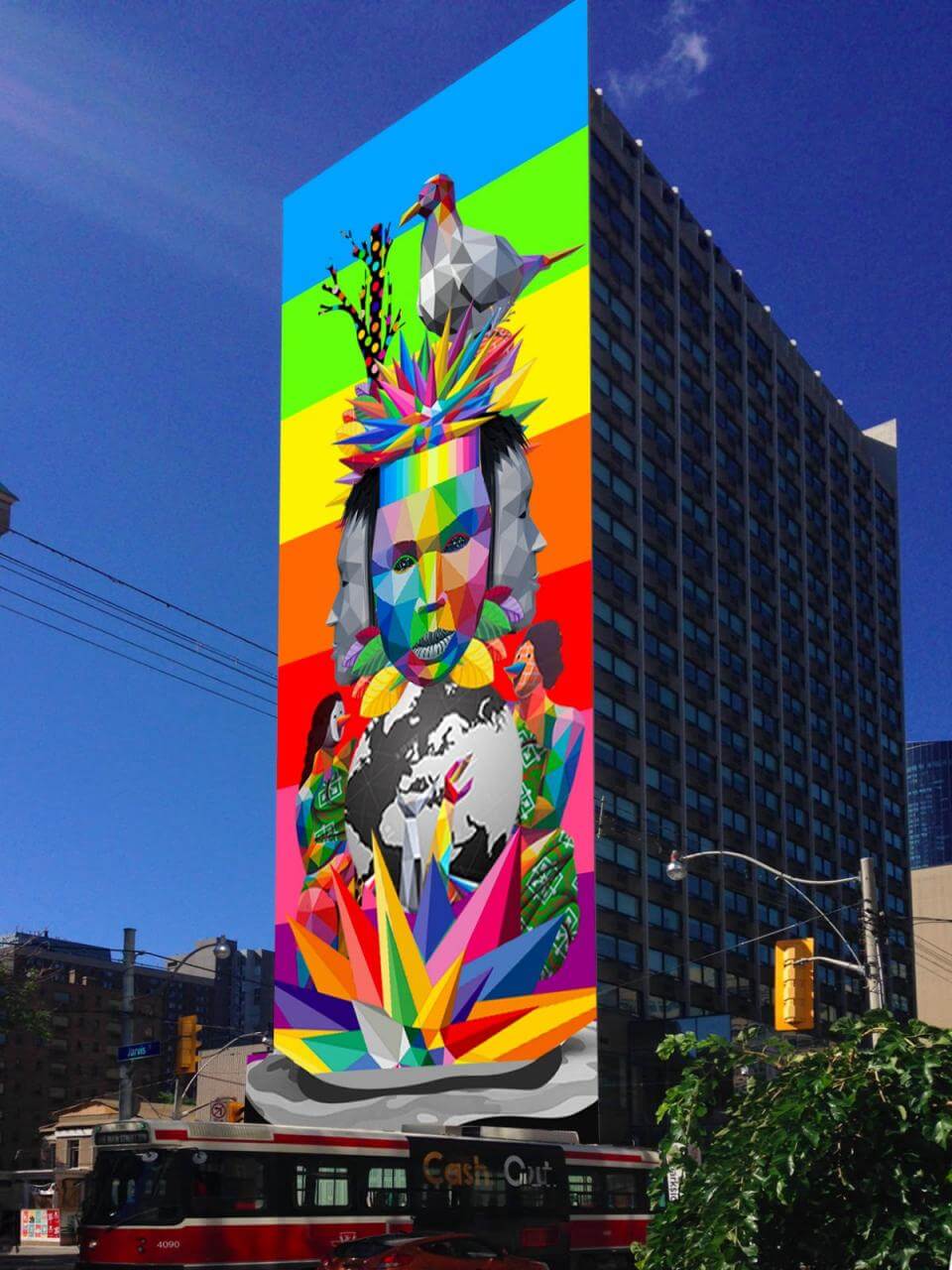 Okuda San Miguel, crea un gigantesco mural en Toronto en celebración a la diversidad, la naturaleza y el conocimiento, en Parkside Student Residence.