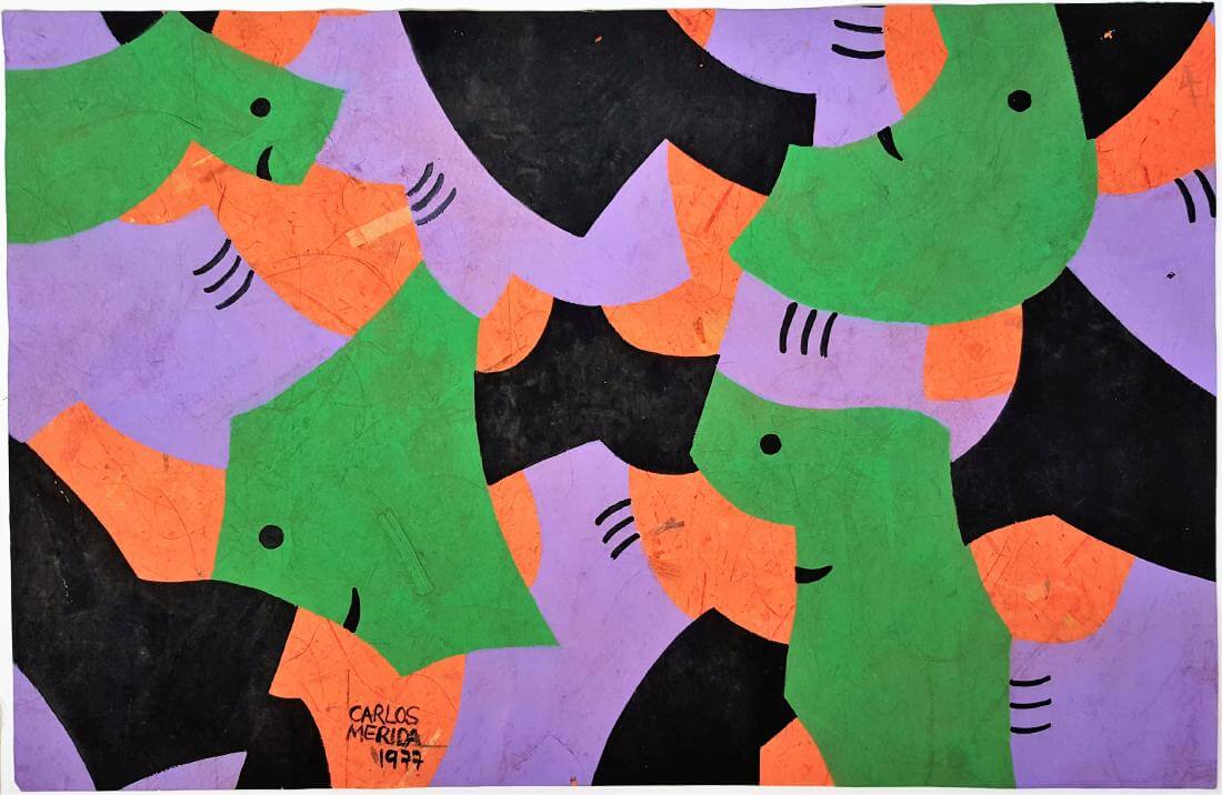 Rostros en forma de figuras geométricas en color verde, naranja y violeta - Obra de Carlos Mérida