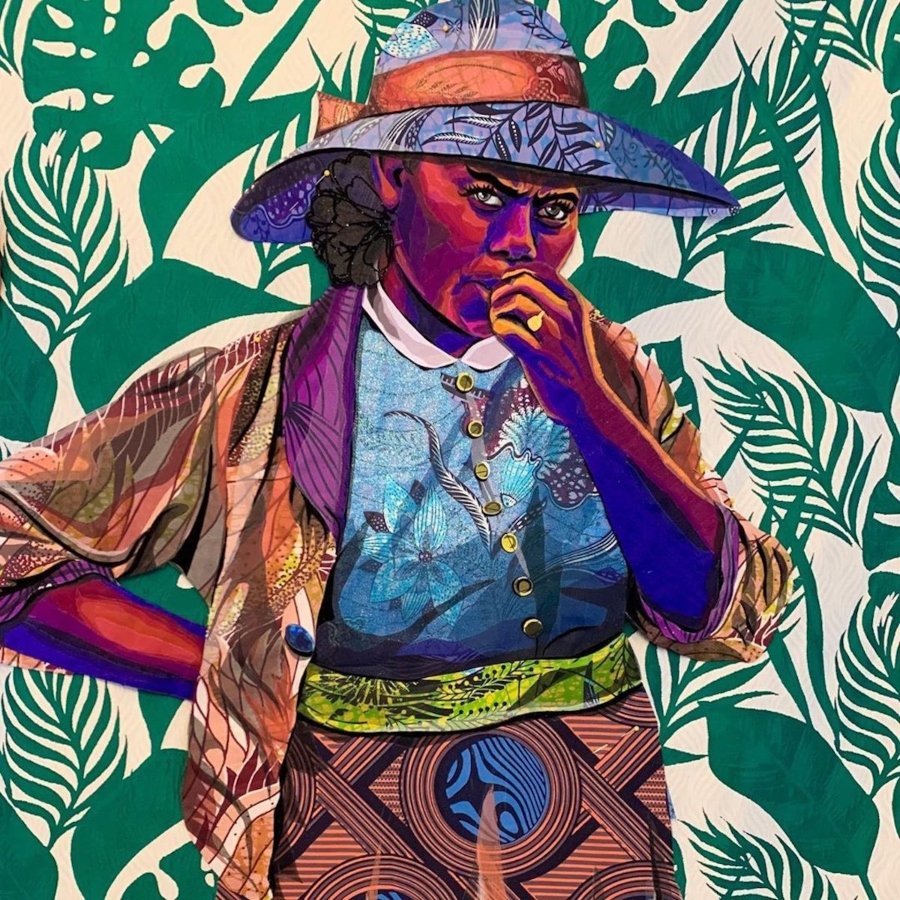 Obra textil de Bisa Butler con el retrato de mujer negra