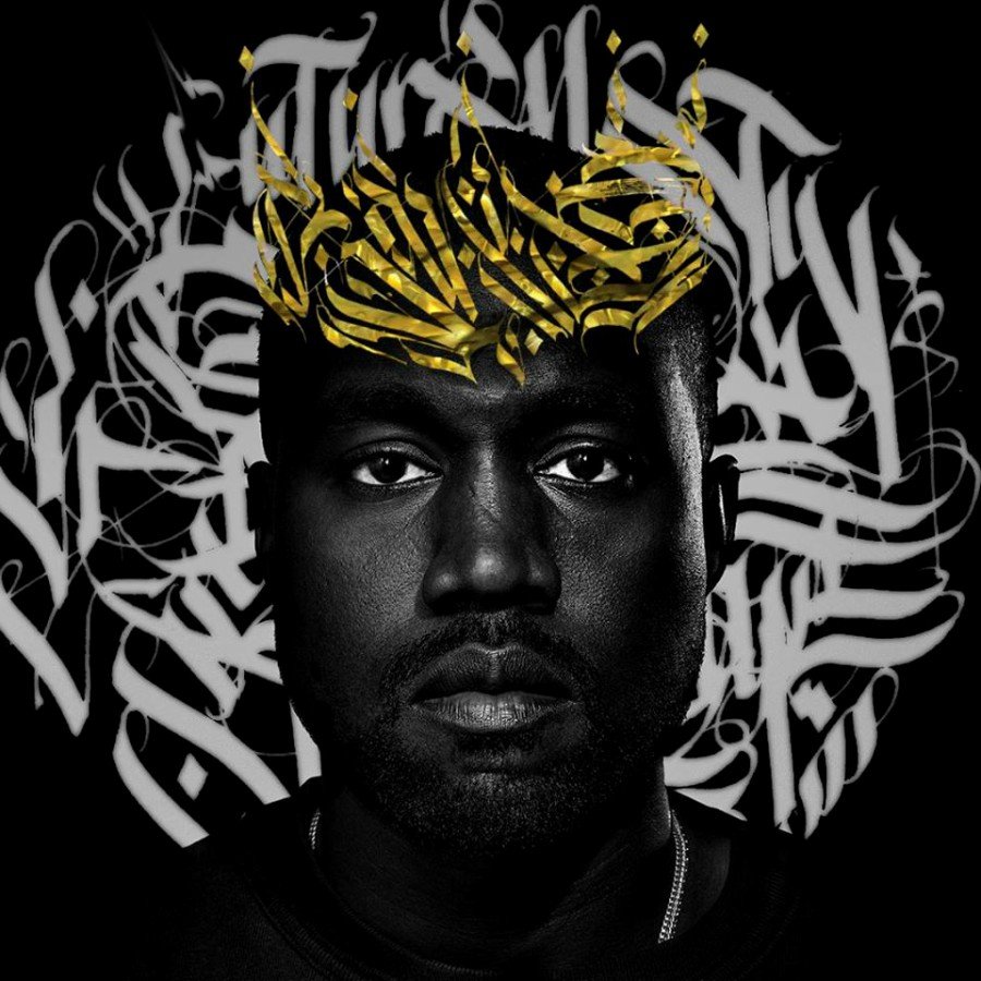Kanye West con fondo de caligrafía por Dones Mendoza