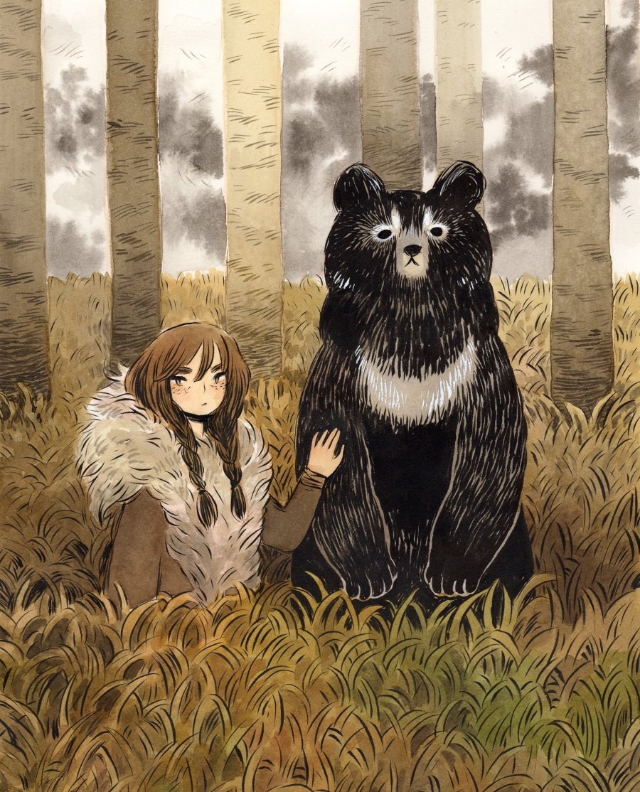 Girl accompanied by a bear, illustration by Heikala