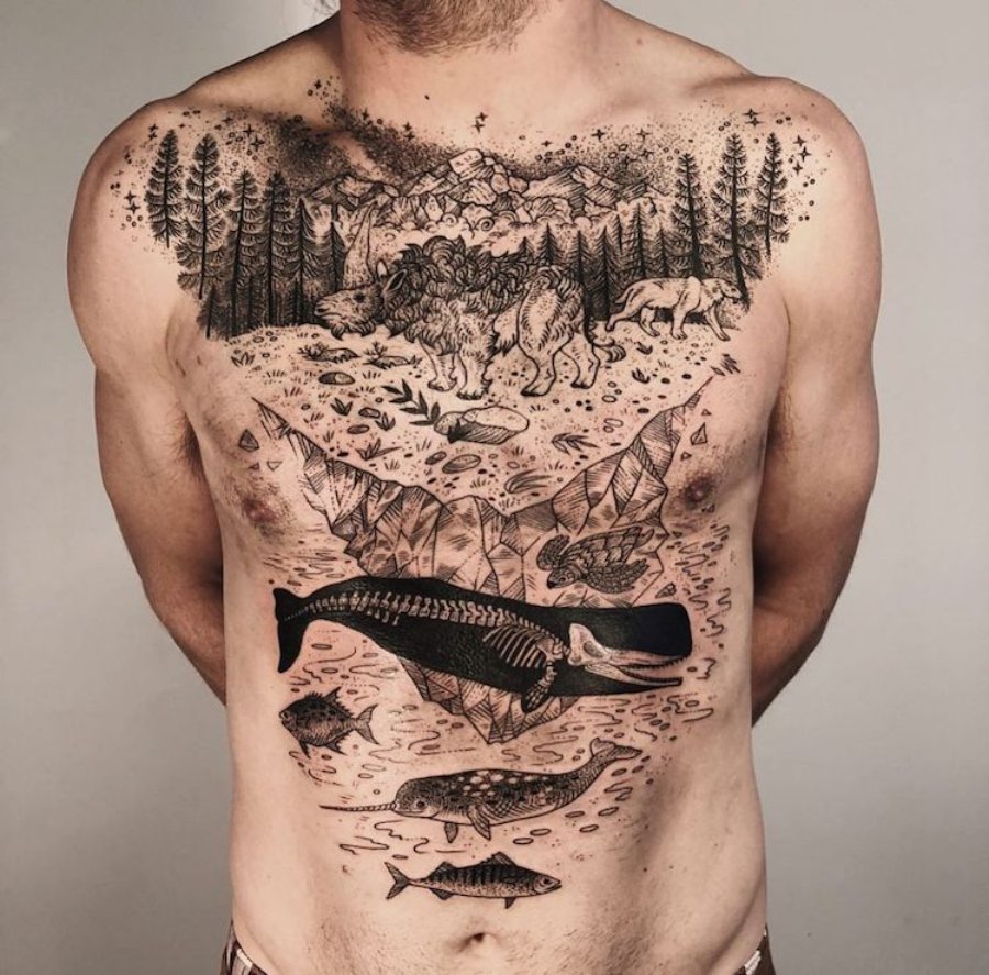 Tatuaje de un rinoceronte y varias ballenas dePony Reinhardt