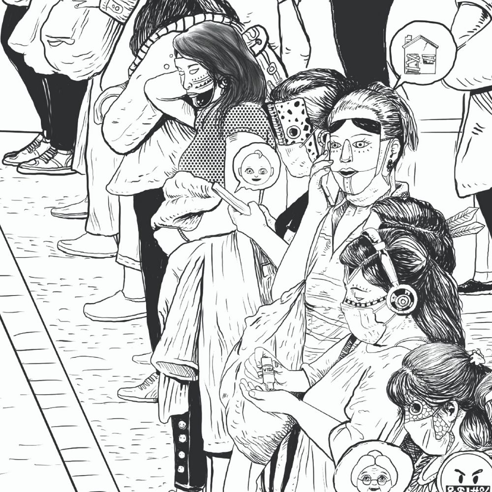ilustración de Saner de mujeres con máscaras en blanco y negro basada en la fotografía de Santiago Arau para Unidos Con Distancia