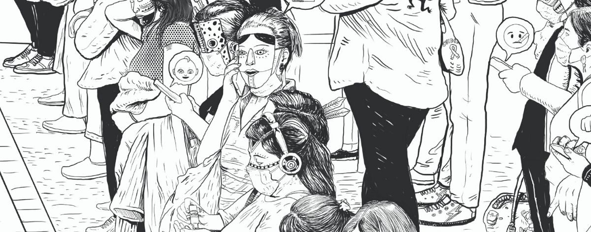 ilustración de Saner de mujeres con máscaras en blanco y negro basada en la fotografía de Santiago Arau para Unidos Con Distancia