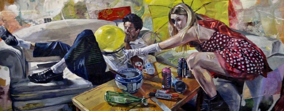 pintura de Drew Young con imagend e dos personas en un sillón