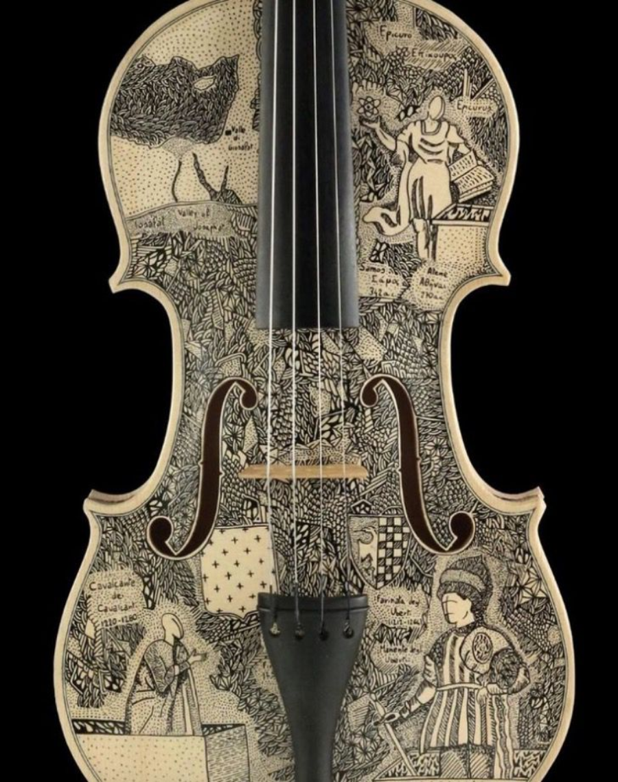 Ilustración de uno de los cantos de "La Divina Comedia" sobre violín por Leonardo Frigo