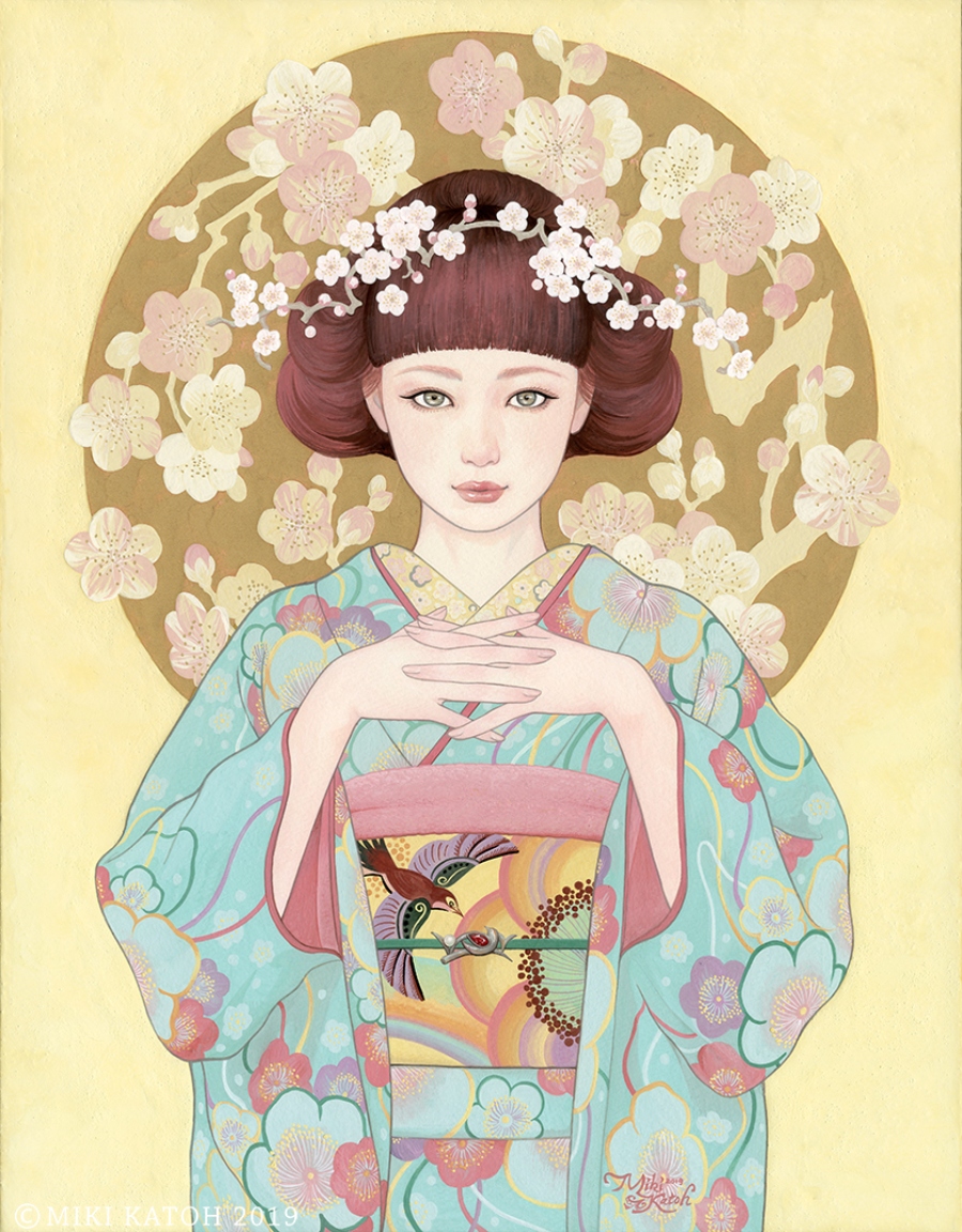 Geisha con kimono azul con flores, parte de las pinturas de Miki Katoh