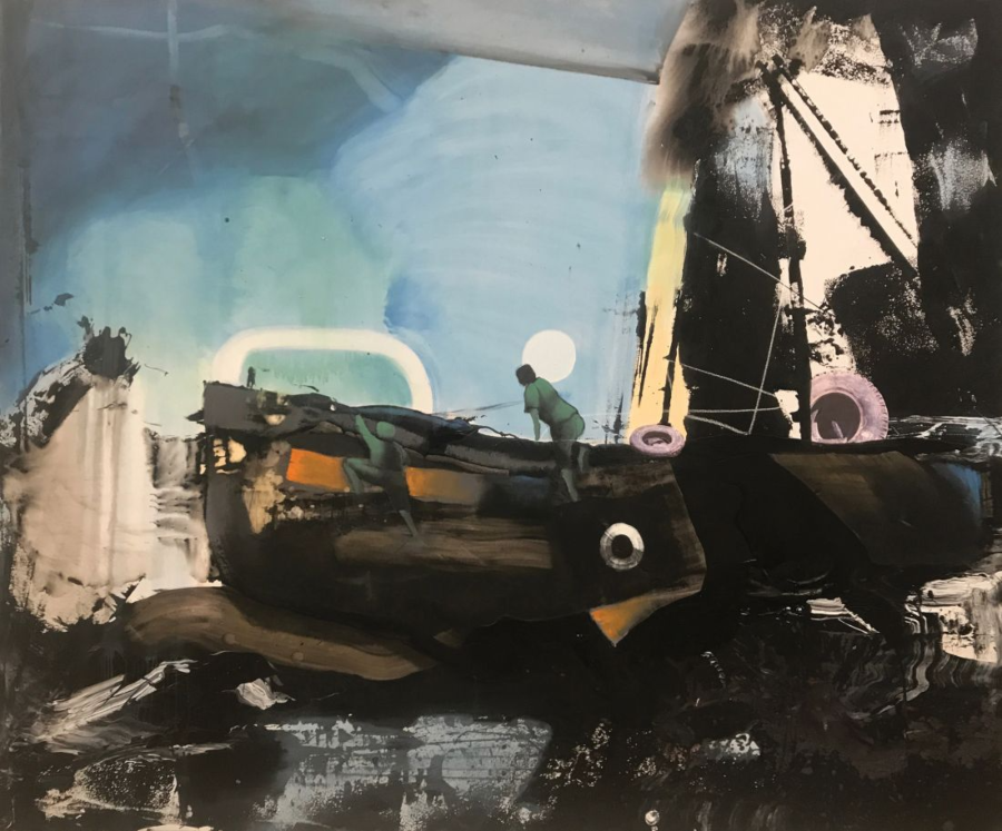 Inmigrantes, 2017, Esmalte al óleo, técnica mixta, collage sobre lienzo, Imagen cortesía del artista @Artists Rights Society (ARS), Nueva York