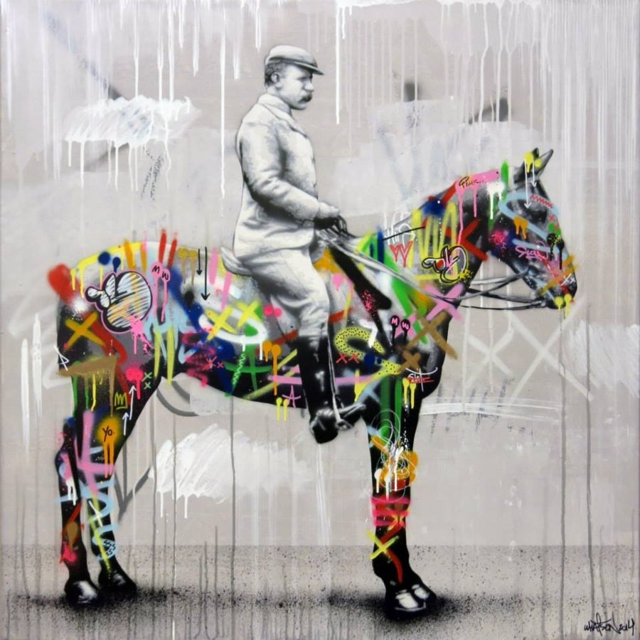 Hombre sentado sobre su caballo street art