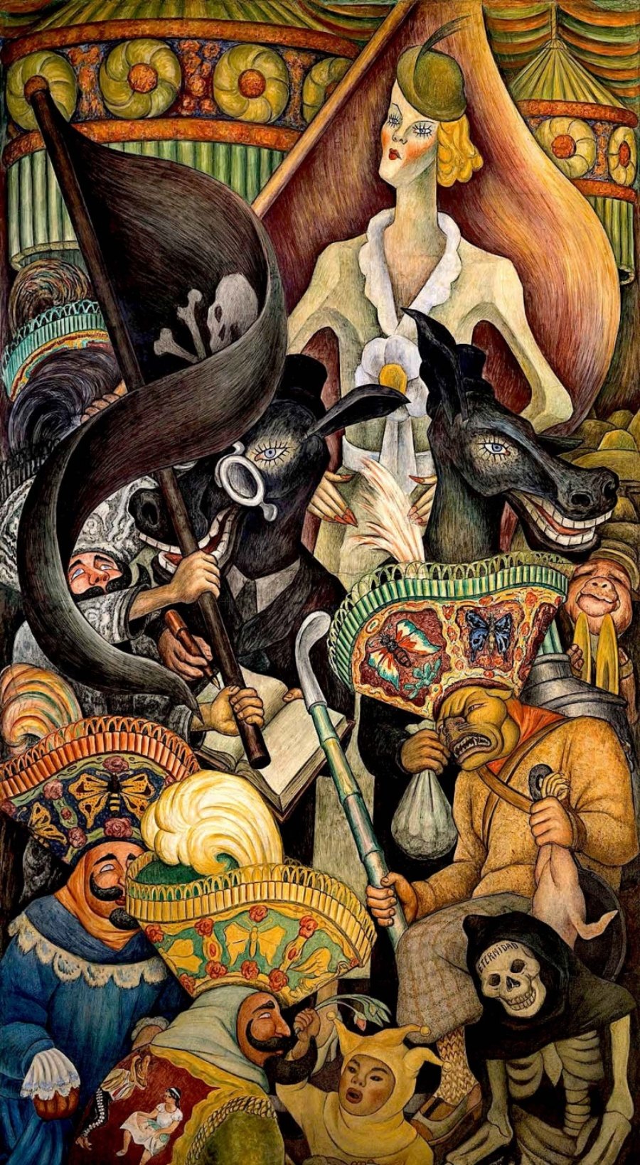 México folklórico y turístico; pintura con personajes coloridos: una mujer rubia son sombrero  y mejillas coloradas tiene las manos sobre la cintura mientras mira una escena de personas con sombrero y hombres  con cabeza de caballo  que sostienen un libro