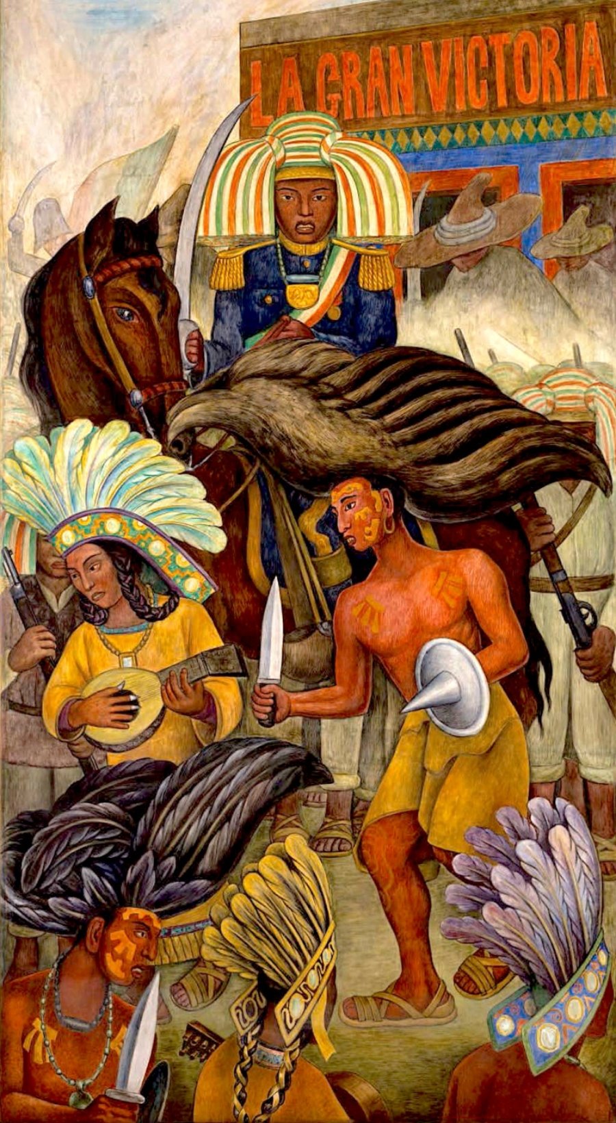 Danza de los Huichilobos; pintura del dios Huitzilopochtli vestido como militar sobre un caballo color cafe, de pie hay un indígena con penacho amarillo y azul, con vestimenta amarilla que sostiene un instrumento musical. Un indígena a un costado tiene un arma en las manos y en su cabeza un plumaje de águila
