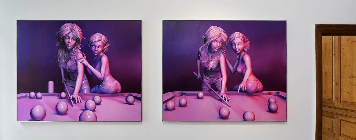 (left) Emily and Fiona 1, 2020, oil on canvas, 60h × 74w in. (152.40h × 187.96w cm); (right) Emily and Fiona 2, 2020, oil on canvas, 60h × 74w in. (152.40h × 187.96w cm)