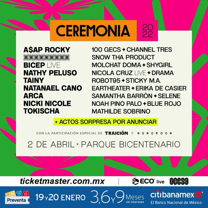 cartel line up de Festival Ceremonia 2022 con A$AP Rocky, Nathy Peluso, Tainy, Arca y Natanael Cano.