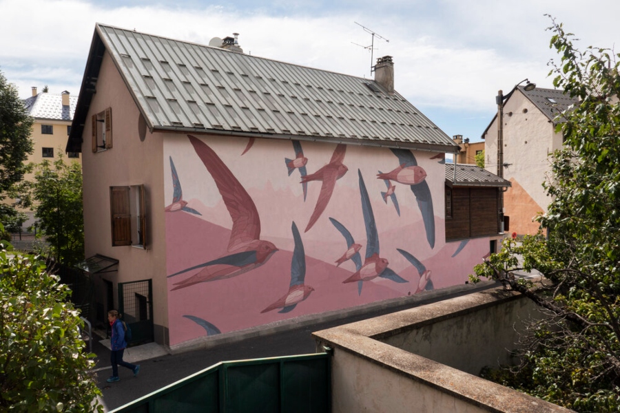 Murales sobre aves, naturaleza y movimiento