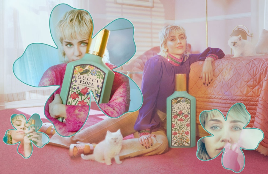 La música Miley Cyrus como imagen de la campaña del perfume Gucci Flora Gorgeous Jasmine.