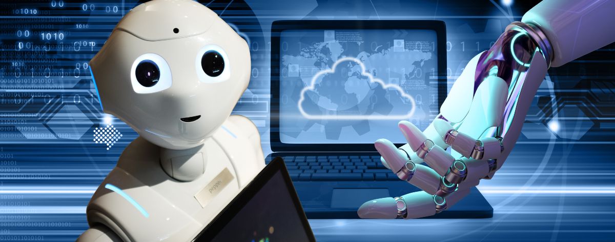 robot blanco con una computadora y mano robótica
