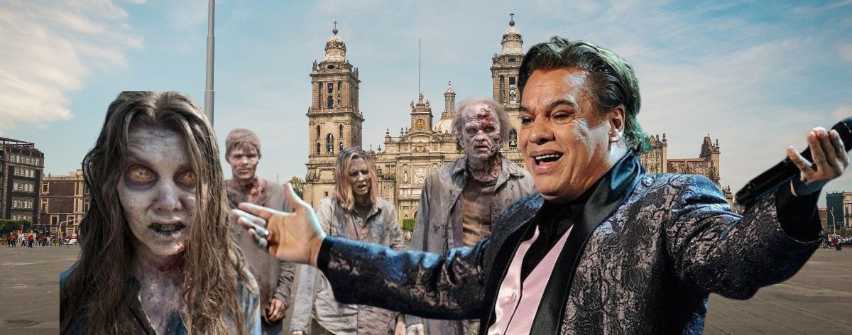 Juan Gabriel frente a palacio nacional en el Zocalo de la CDMX con invasión de zombies