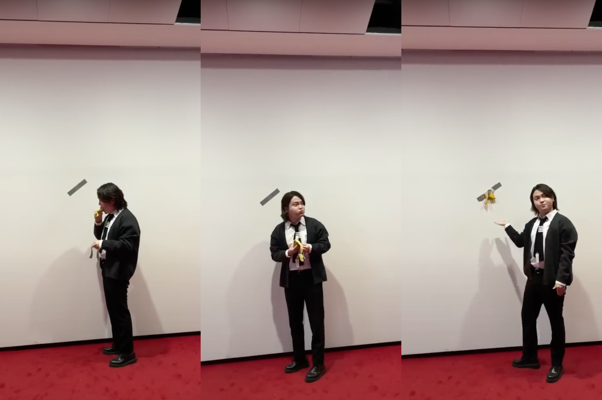 Estudiante coreano se come escultura de plátano de Maurizio Cattelan