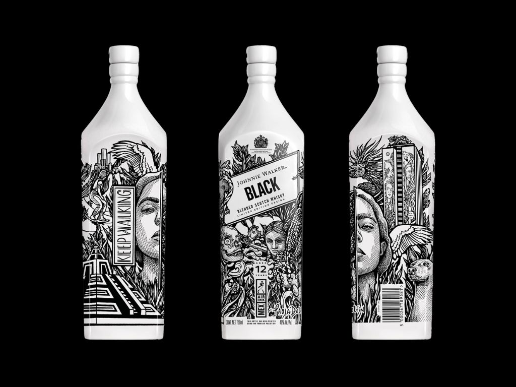 Botella de la colección Keep Walking City de Johnnie Walker diseñada por la muralista Paola Delfín